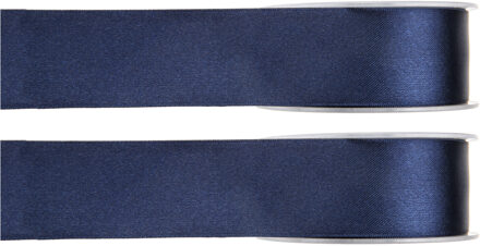 Hobby/decoratie sierlint - 2x - satijn - donkerblauw - 1,5 cm/15 mm x 25 meter - cadeaulint