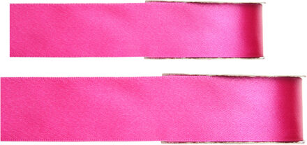 Hobby/decoratie sierlint - 2x - satijn - fuchsia roze - 1,5 cm/15 mm x 25 meter - cadeaulint