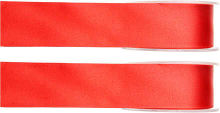 Hobby/decoratie sierlint - 2x - satijn - rood - 1,5 cm/15 mm x 25 meter - cadeaulint