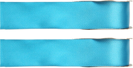 Hobby/decoratie sierlint - 2x - satijn - turquoise - 1,5 cm/15 mm x 25 meter - cadeaulint