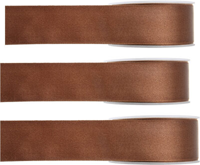 Hobby/decoratie sierlint - 3x - satijn - bruin - 1,5 cm/15 mm x 25 meter - cadeaulint