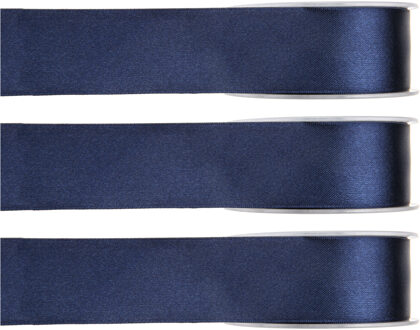 Hobby/decoratie sierlint - 3x - satijn - donkerblauw - 1,5 cm/15 mm x 25 meter - cadeaulint