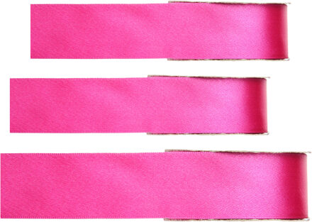 Hobby/decoratie sierlint - 3x - satijn - fuchsia roze - 1,5 cm/15 mm x 25 meter - cadeaulint