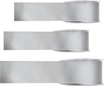 Hobby/decoratie sierlint - 3x - satijn - grijs - 1,5 cm/15 mm x 25 meter - cadeaulint
