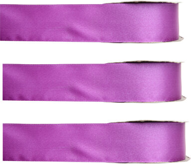 Hobby/decoratie sierlint - 3x - satijn - magenta - 1,5 cm/15 mm x 25 meter - cadeaulint