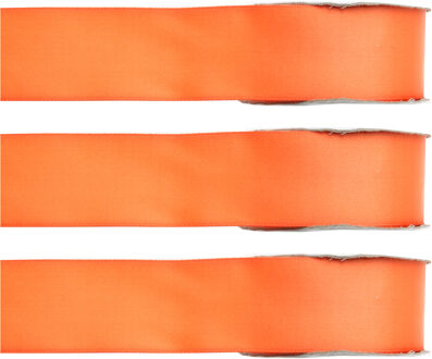 Hobby/decoratie sierlint - 3x - satijn - oranje - 1,5 cm/15 mm x 25 meter - cadeaulint