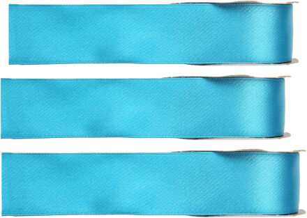 Hobby/decoratie sierlint - 3x - satijn - turquoise - 1,5 cm/15 mm x 25 meter - cadeaulint