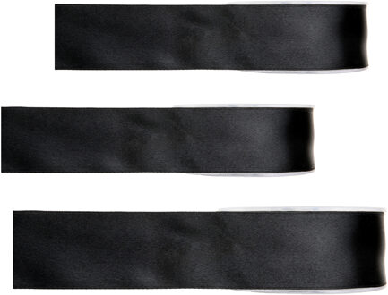 Hobby/decoratie sierlint - 3x - satijn - zwart - 1,5 cm/15 mm x 25 meter - cadeaulint
