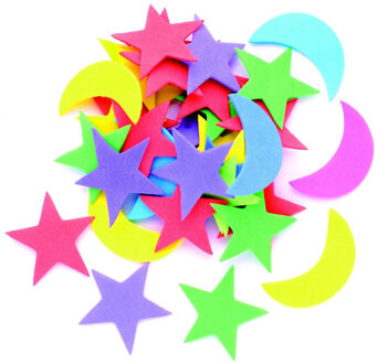 Hobby foam vormen - sterrenhemel - maantjes en sterren gekleurd - 80x stuks - 3-4 cm - Knutselen Multi