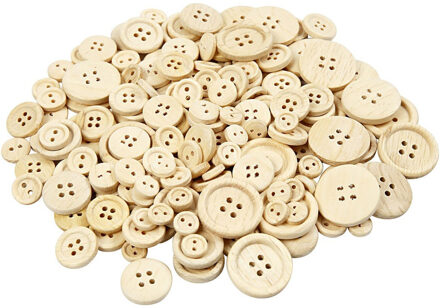 Hobby knopen - 440x st - diverse maten - hout - Ongelakte decoratie knoopjes Beige