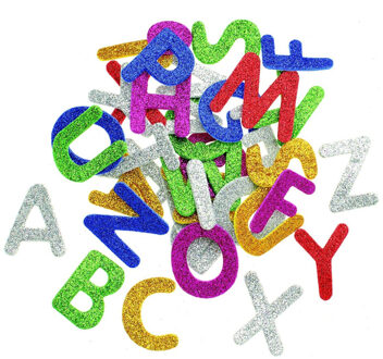 Hobby/knutsel foam glitter letters - 104x stuks - kleuren mix - zelfklevend - 4 cm