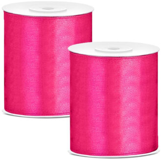 Hobby/knutsel satijnen sierlint - 2x - fuchsia - 10 cm x 25 mtr - cadeau lint