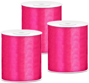 Hobby/knutsel satijnen sierlint - 3x - fuchsia - 10 cm x 25 mtr - cadeau lint