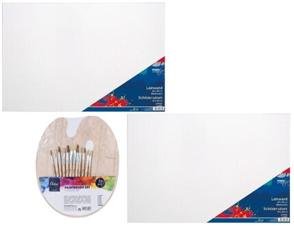 Hobby speelgoed set 2x Schildersdoeken 40 x 60 cm met palet en 12 kwasten