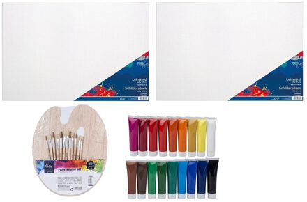 Hobby speelgoed set 2x Schildersdoeken 50 x 70 cm met palet 18x tubes verf en 12 kwasten