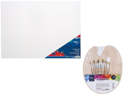 Hobby speelgoed set 2x Schildersdoeken 50 x 70 cm met palet en 12 kwasten - Schildersdoeken Wit