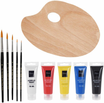 Hobby verfset voor kinderen met acrylverf schilderspalet en 5 kwasten