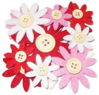 Hobby vilt 12 rood/wit/roze vilten bloemen met knoop 3,5-7 c