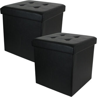 Hocker/poef Essestiel - 2x - opvouwbaar - zwart - opbergen - MDF/polyester - 37 x 37 cm