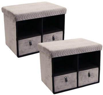 Hocker/poef opvouwbaar - 2x - grijs - velvet - met lades - polyester - 50 x 38 cm
