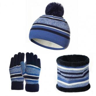 Hoed En Handschoenen Multi-Delige Set Hoed Kids Winter Wollen Garen Gebreide Pompom Hoed Beanie Sjaal Handschoenen Warm set Hoeden Neck Kids Blauw