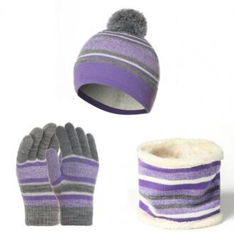 Hoed En Handschoenen Multi-Delige Set Hoed Kids Winter Wollen Garen Gebreide Pompom Hoed Beanie Sjaal Handschoenen Warm set Hoeden Neck Kids Licht Paars