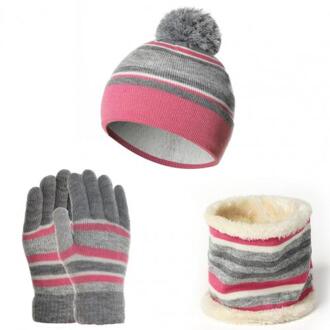 Hoed En Handschoenen Multi-Delige Set Hoed Kids Winter Wollen Garen Gebreide Pompom Hoed Beanie Sjaal Handschoenen Warm set Hoeden Neck Kids Roze