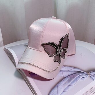 Hoed Vrouwelijke Koreaanse Casual Casual Lente En Zomer Gemerceriseerde Satijn Baseball Cap Vlinder Strass Dames Cap Roze