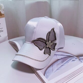 Hoed Vrouwelijke Koreaanse Casual Casual Lente En Zomer Gemerceriseerde Satijn Baseball Cap Vlinder Strass Dames Cap wit