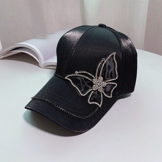 Hoed Vrouwelijke Koreaanse Casual Casual Lente En Zomer Gemerceriseerde Satijn Baseball Cap Vlinder Strass Dames Cap zwart