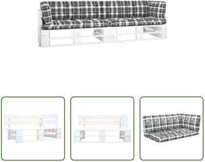 Hoekbank Pallet Grenenhout - 110x65x55 cm - Grijs geruit kussen Wit