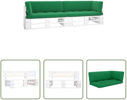 Hoekbank Pallet - Tuinmeubelen - 110 x 65 x 55 cm - Groen Kussen - Grenenhout - 100% polyester stof - Wit