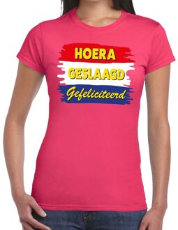 Hoera geslaagd gefeliciteerd t-shirt roze dames S