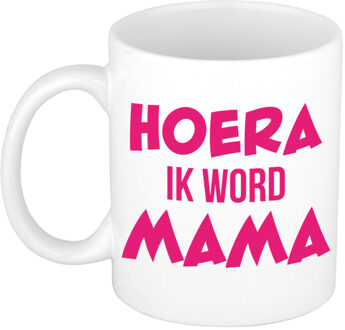 Hoera ik word mama cadeau mok / beker wit met roze letters 300 ml - feest mokken