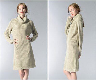 Hoffen nieuwkomers vrouwen lange trui jurk coltrui knielange losse winter gebreide jurken solid party vestidos kerst beige