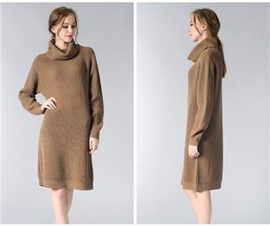Hoffen nieuwkomers vrouwen lange trui jurk coltrui knielange losse winter gebreide jurken solid party vestidos kerst Bruin