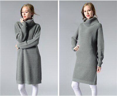Hoffen nieuwkomers vrouwen lange trui jurk coltrui knielange losse winter gebreide jurken solid party vestidos kerst Grijs