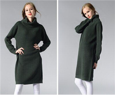 Hoffen nieuwkomers vrouwen lange trui jurk coltrui knielange losse winter gebreide jurken solid party vestidos kerst Groen