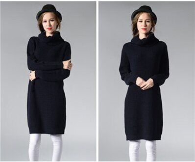 Hoffen nieuwkomers vrouwen lange trui jurk coltrui knielange losse winter gebreide jurken solid party vestidos kerst marine blauw
