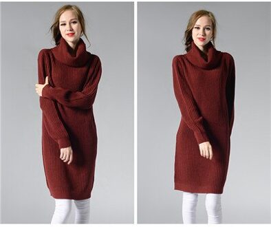 Hoffen nieuwkomers vrouwen lange trui jurk coltrui knielange losse winter gebreide jurken solid party vestidos kerst wijn rood