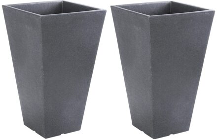 Hoge bloempot voor buiten - 2x - kunststof - antraciet grijs - 24 x 24 x 35 cm - vierkant