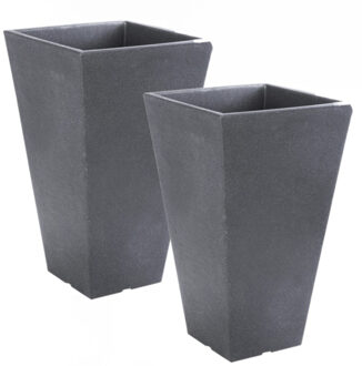Hoge bloempot voor buiten - 2x stuks - kunststof - antraciet grijs - 24 x 24 x 35 cm - vierkant
