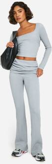 Hoge Crinkle Top Met Lange Mouwen En Opvouwbare Flare Co-Ord, Mid Grey - 44