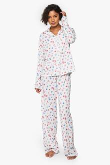 Hoge Fruitprint Pyjama Set Met Lang Mouw Overhemd En Broek Voor Lange Personen, White - 46