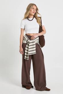 Hoge Geweven Geplooide Broek Met Wijde Pijpen, Chocolate - 40