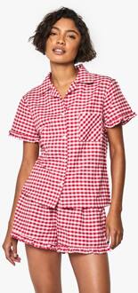 Hoge Gingham Katoenen Poplin Ruffle Korte Pyjama Set, Red - 36