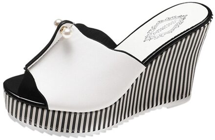 Hoge hakken Strand Slippers Zomer Wiggen Platform Streep Parel Sandalen slippers vrouwen schoenen Sandalias mujer wit / 35