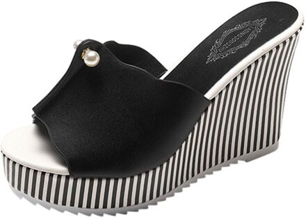 Hoge hakken Strand Slippers Zomer Wiggen Platform Streep Parel Sandalen slippers vrouwen schoenen Sandalias mujer zwart / 37