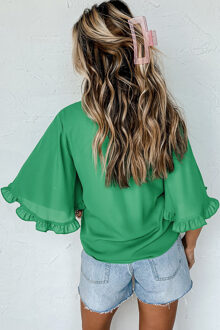 Hoge Hals 3/4 Mouw Rimpel Blouse Salie Groen