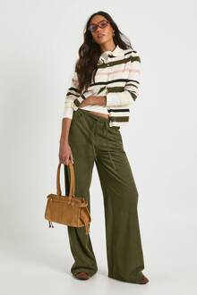 Hoge Kord Broek Met Gebonden Taille En Wijde Pijpen, Olive - 44